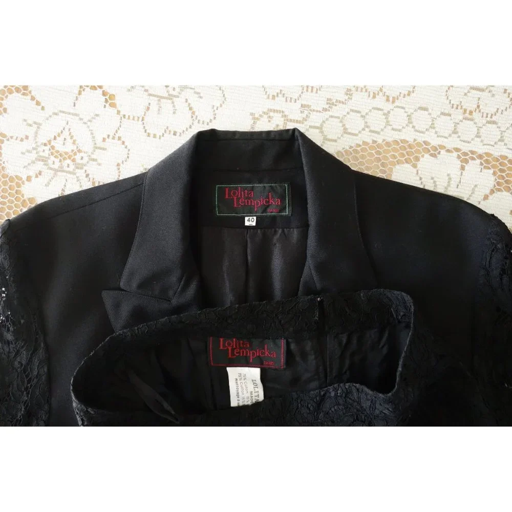 Vintage 80s Lolita Lempicka Black Wool Lace Skirt Suit FR 40 US 6 8 - Picture 6 of 10